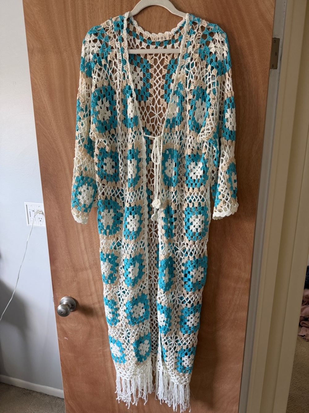 POL Cream and Teal Crochet Long Kimono